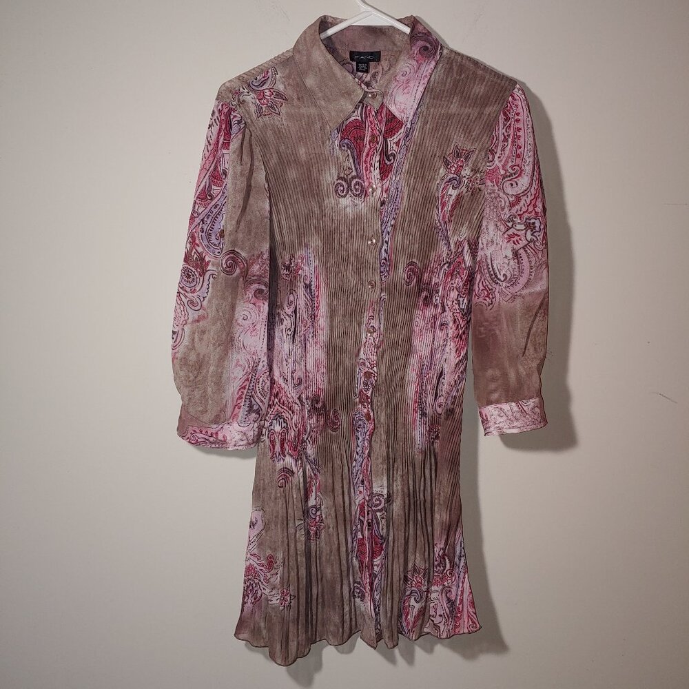 Piano Crinkle Pink Tan Paisley Print 3/4 Sleeves Button up Tunic Blouse Size L